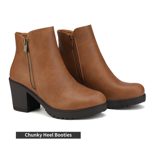 Comfortable Low Heel Chunky Ankle Boots - TAN PU - 4